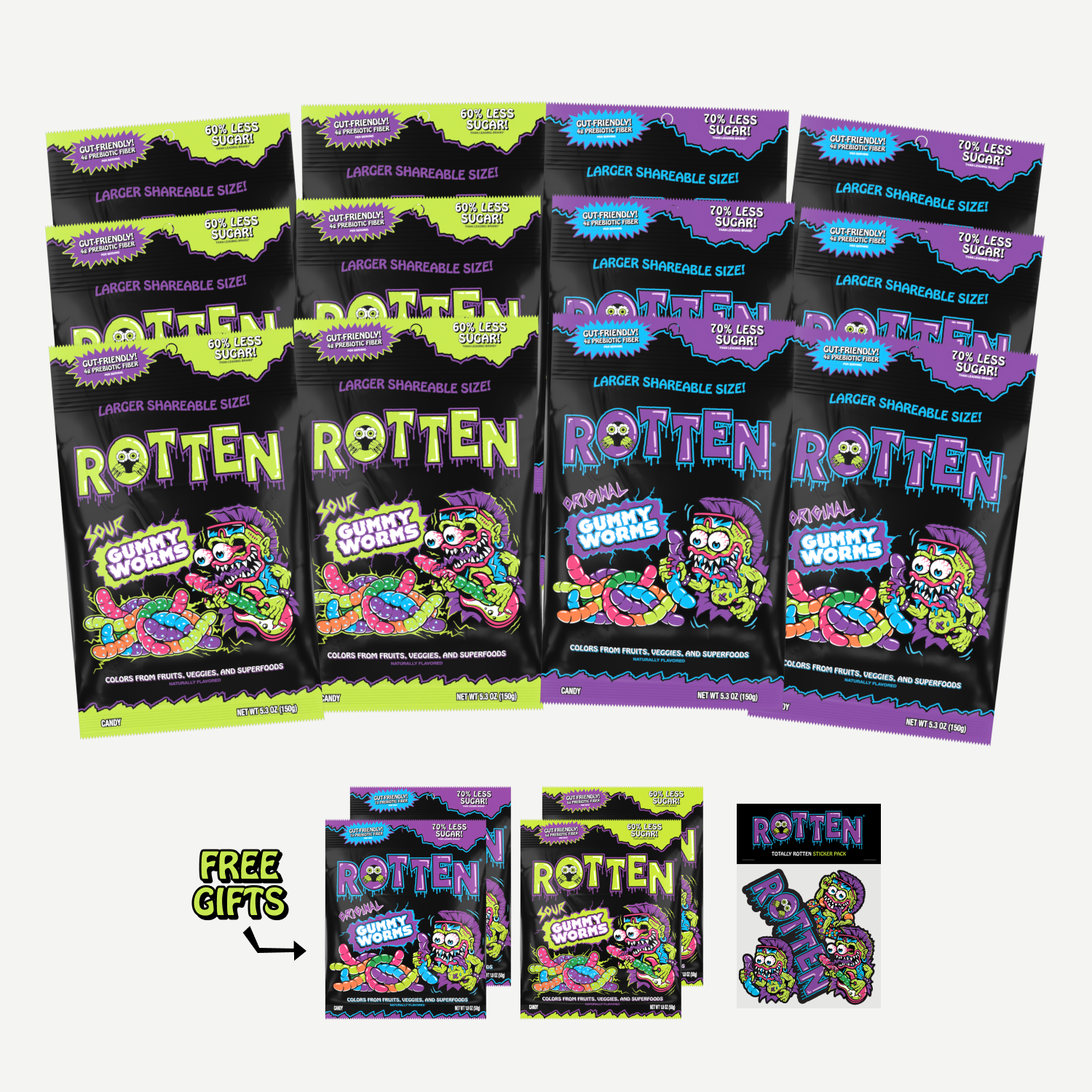 Four colorful packages of Rotten gummy candies with vibrant designs.