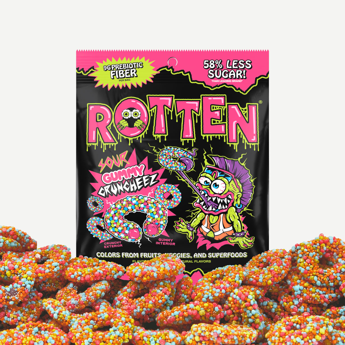 Packaging of Rotten gummy cruncheez with colorful gummies in front on a white background
