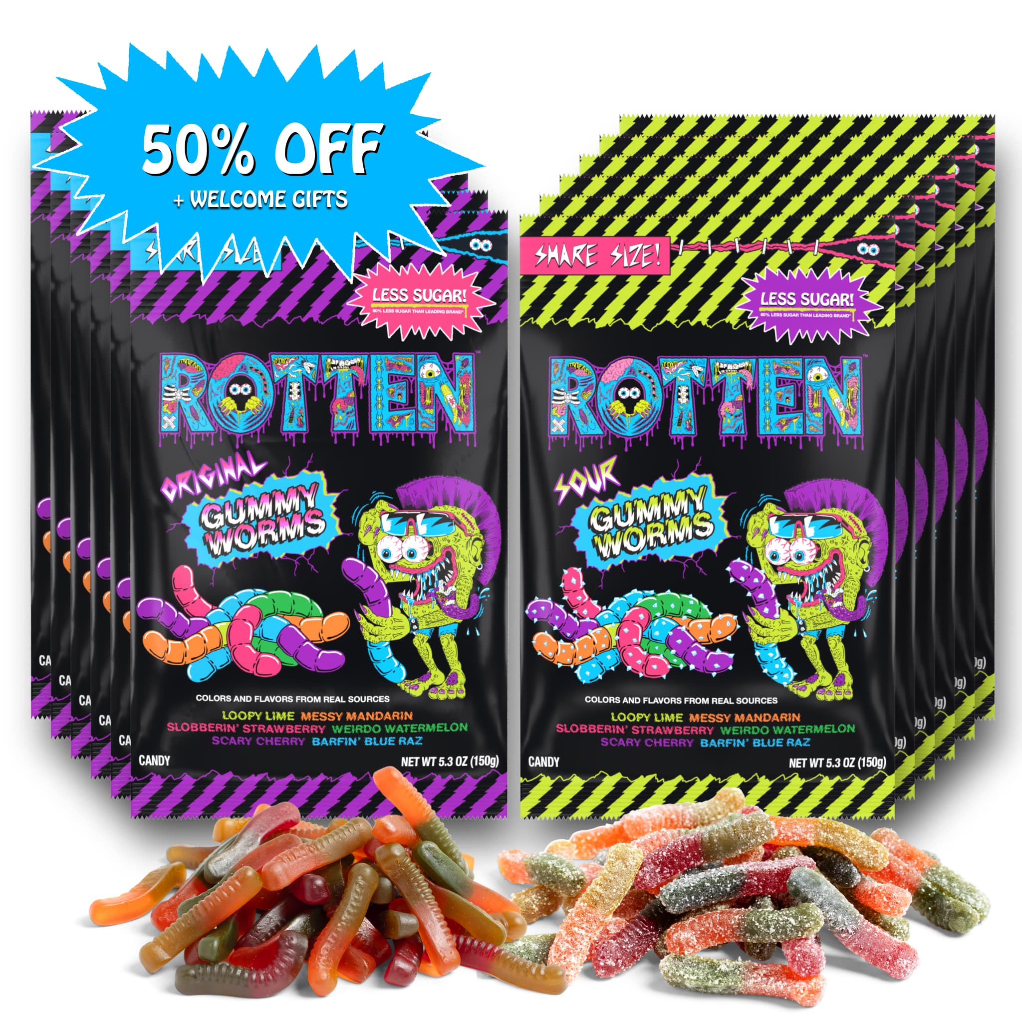 Colorful bags of gummy worms with vibrant packaging and candy scattered in front.