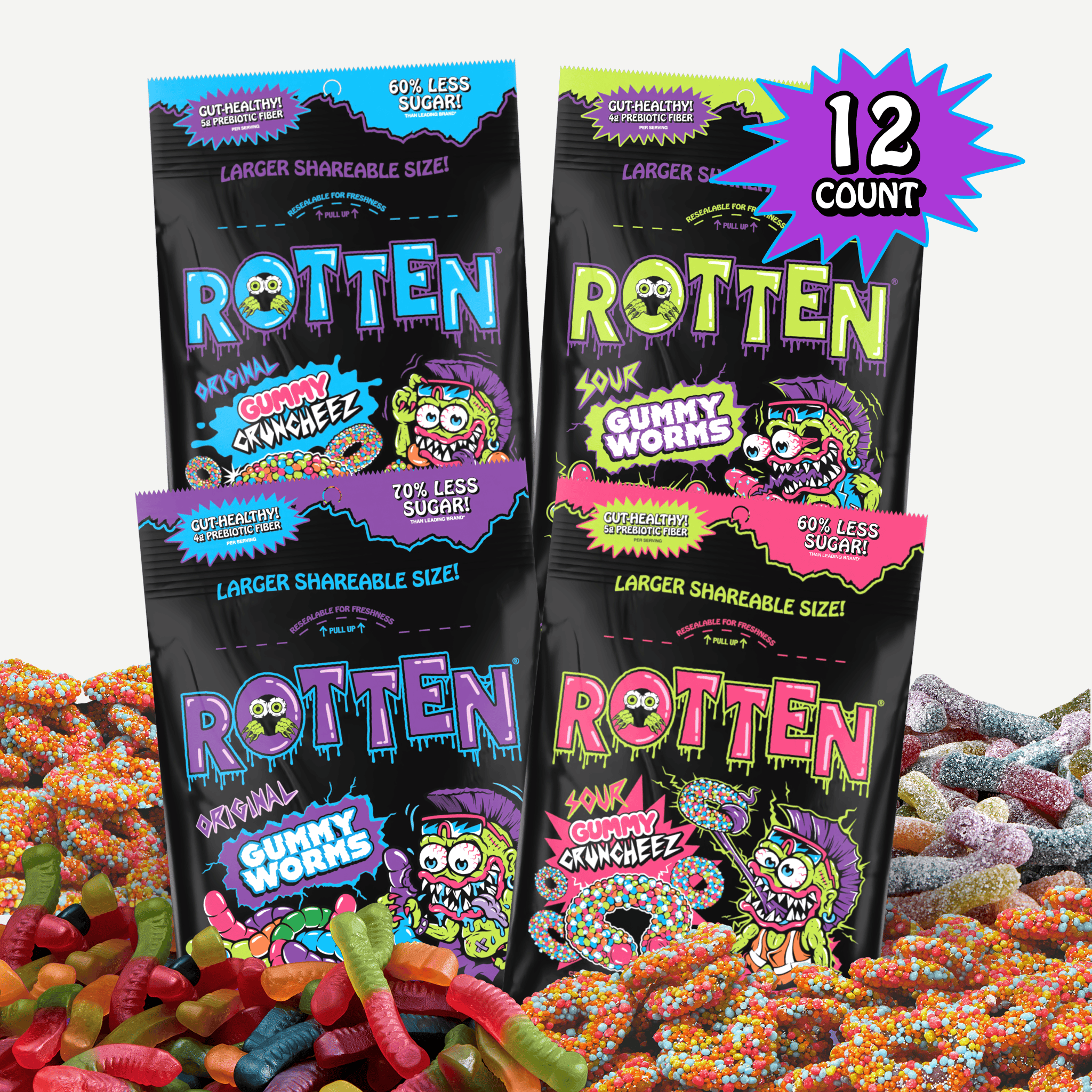 Four colorful packages of Rotten gummy candies with vibrant designs.