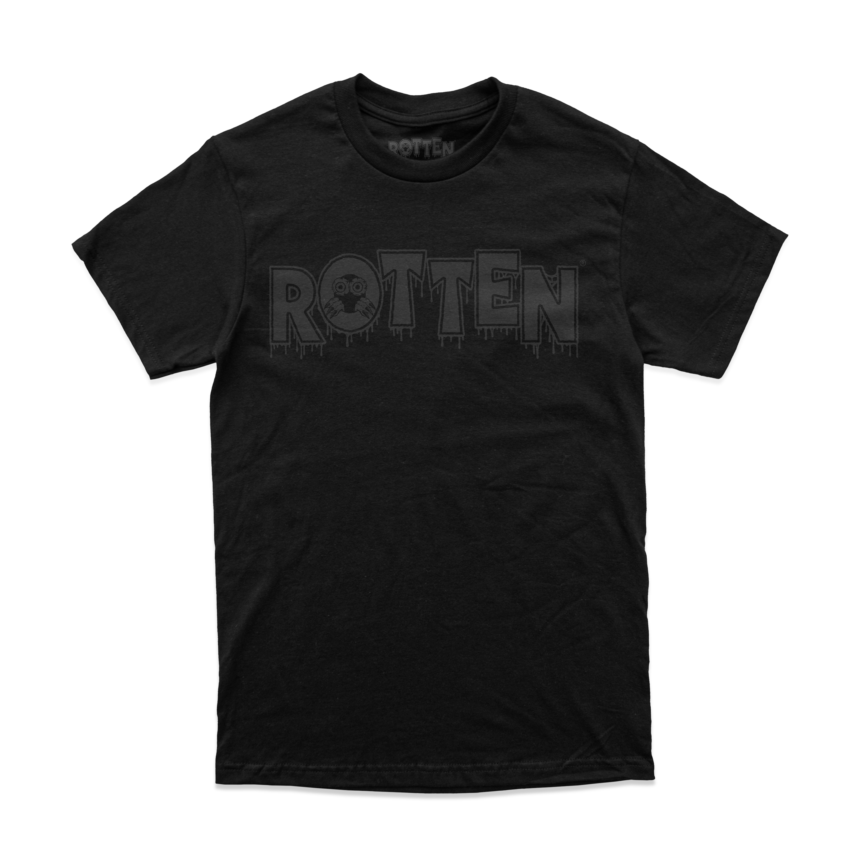 Black t-shirt with 'ROTTEN' printed on it