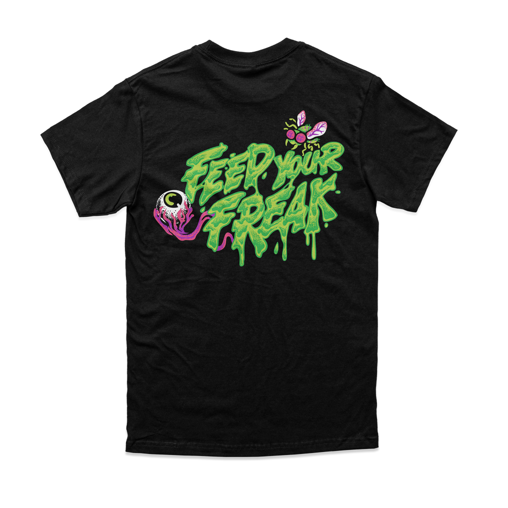 Black tee shirt that says "Feed Your Freak"
