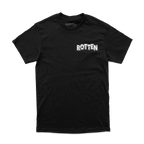 Front of black tee shirt with Rotten logo