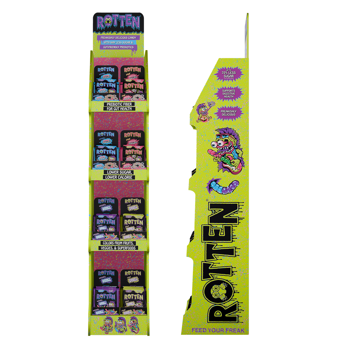 Lime green cardboard candy display with cartoon worms and Rotten branding, 128ct