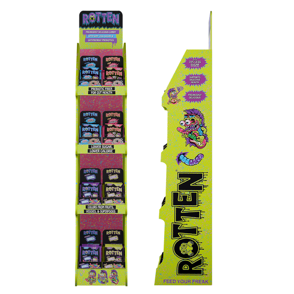 Lime green cardboard candy display with cartoon worms and Rotten branding, 128ct