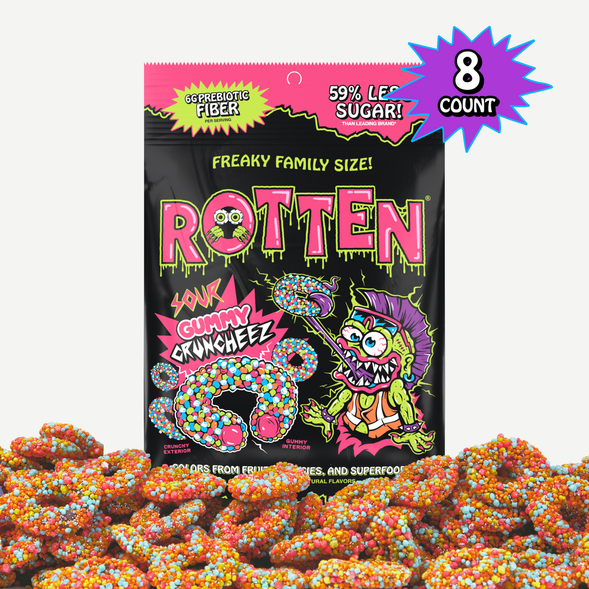 Black and pink Rotten sour gummy cruncheez family size bag, 8-count