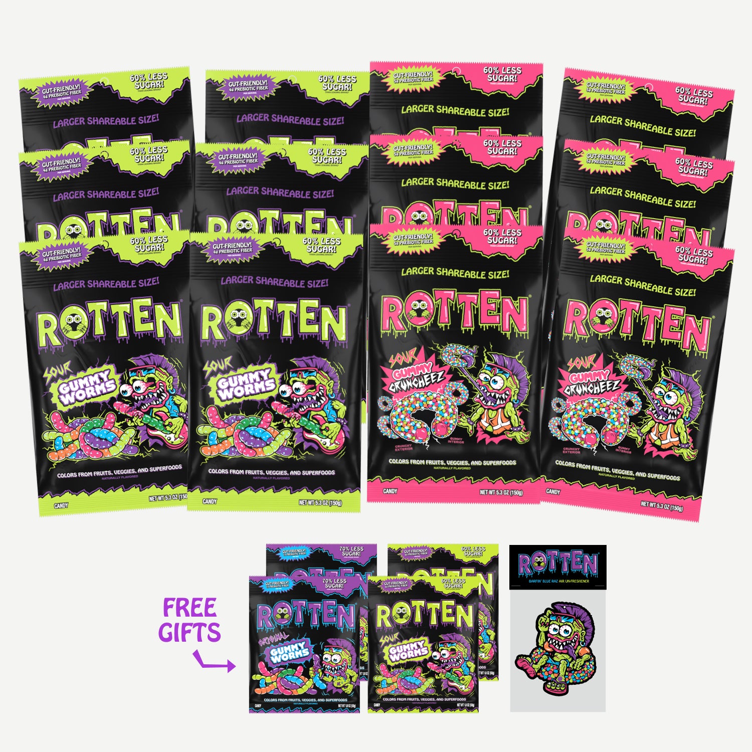 Four colorful packages of Rotten gummy candies with vibrant designs.
