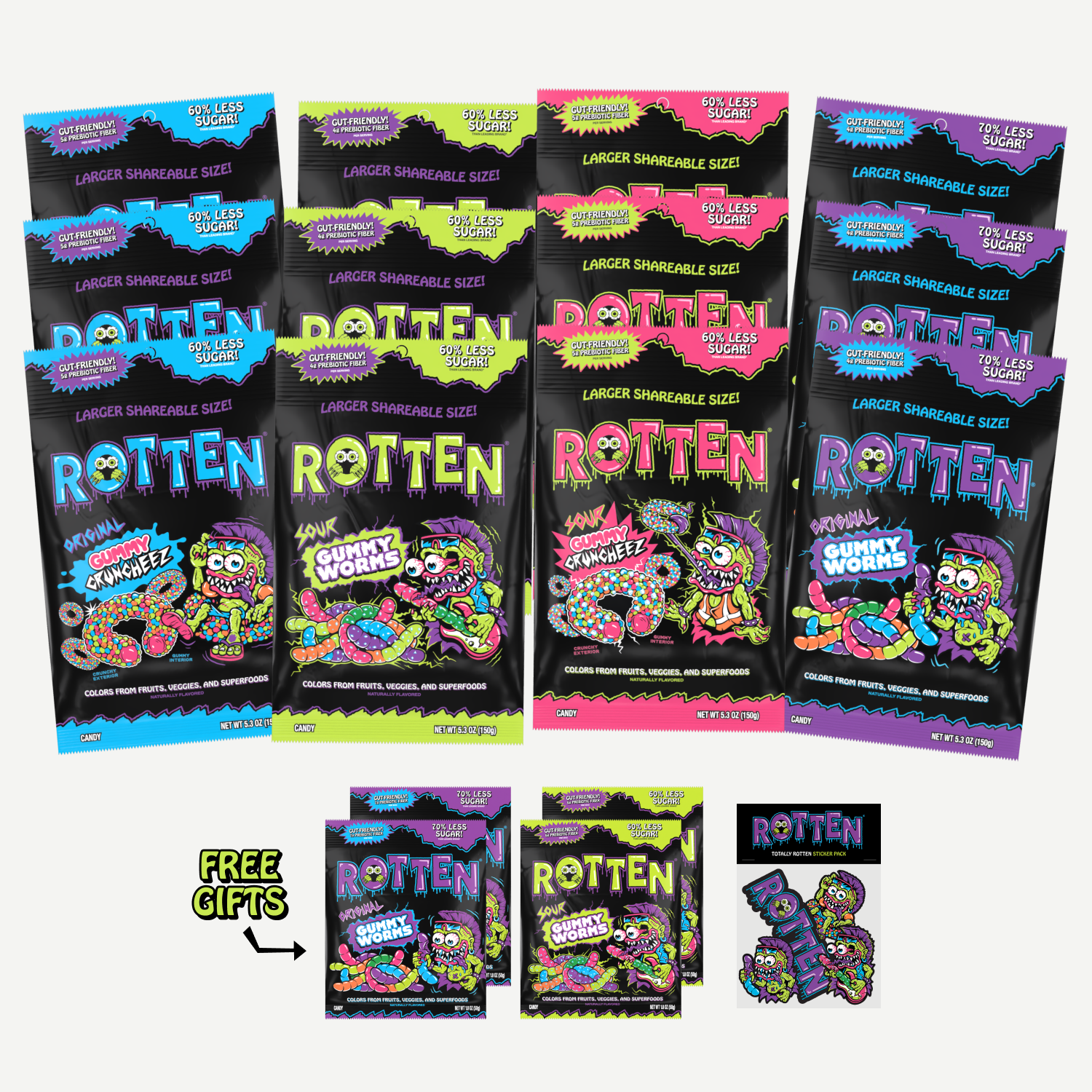 Four colorful packages of Rotten gummy candies with vibrant designs.