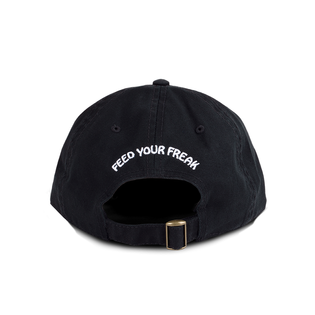 Black cap with 'FEED YOUR FREAK' text on a white background