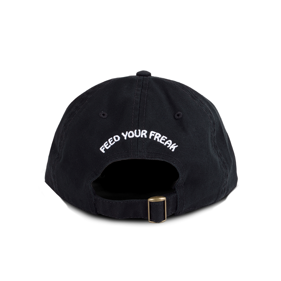 Black cap with 'FEED YOUR FREAK' text on a white background