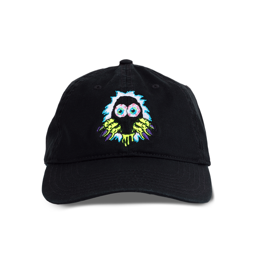 Black cap with a colorful embroidered design on a white background
