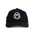 Black cap with a colorful embroidered design on a white background