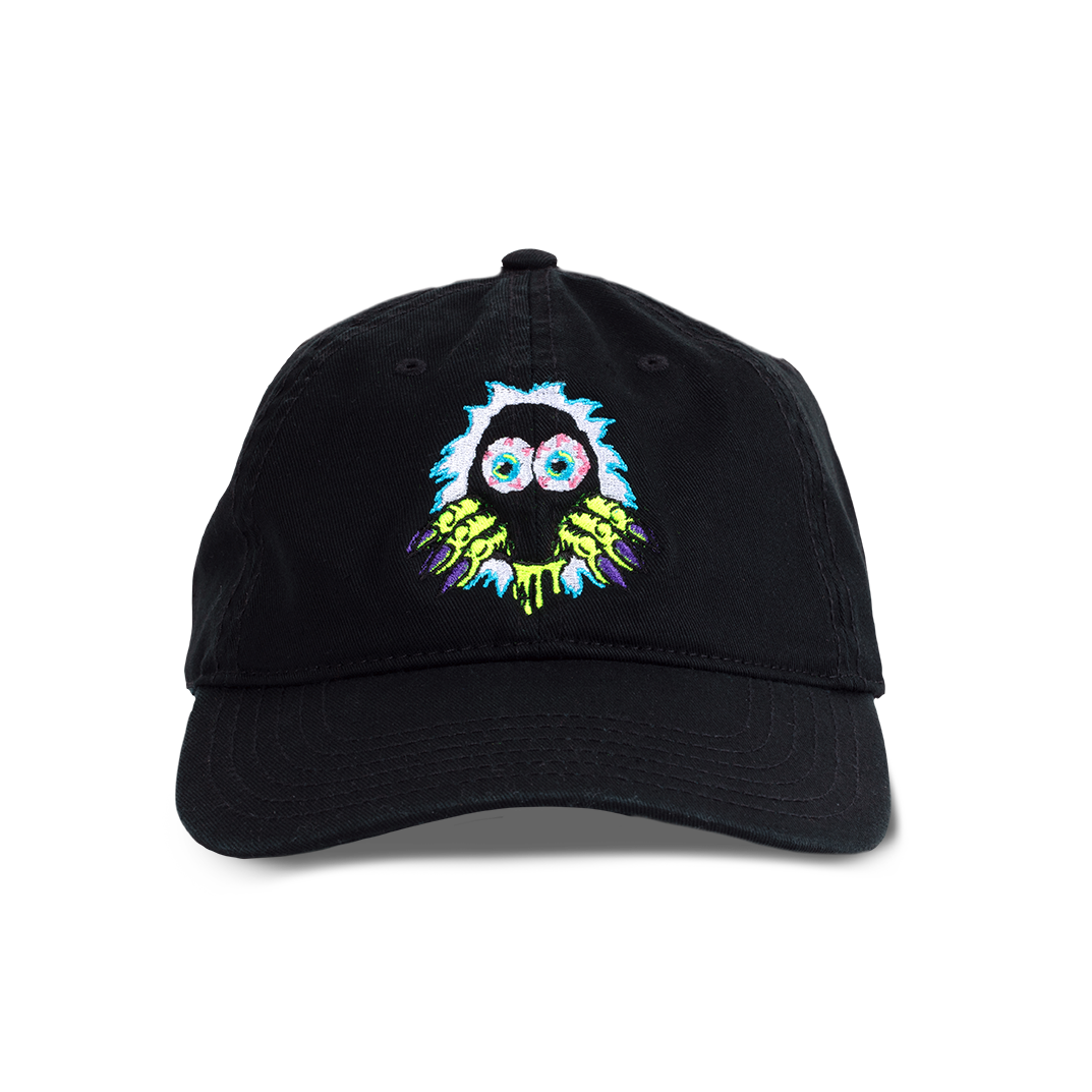Black cap with a colorful embroidered design on a white background