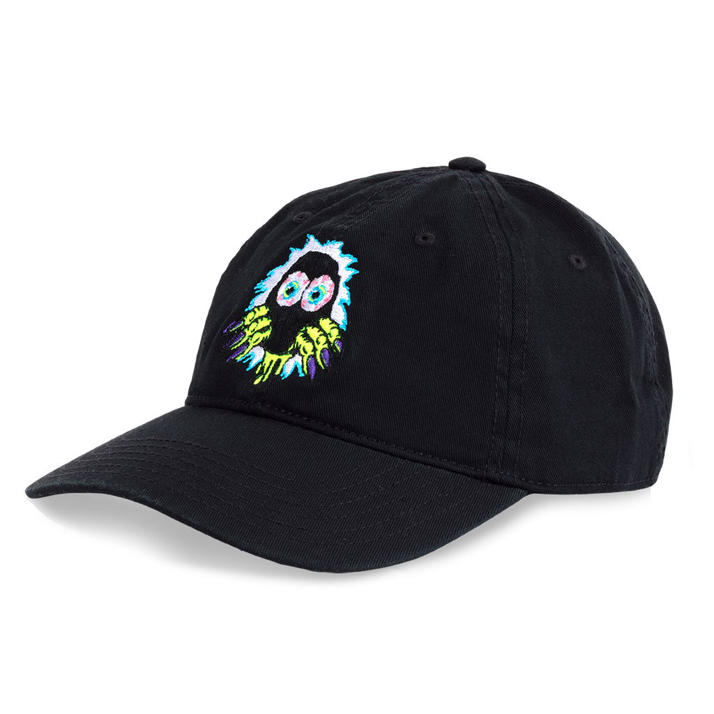 Black cap with a colorful embroidered design on a white background