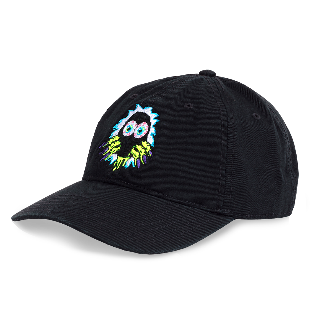 Black cap with a colorful embroidered design on a white background